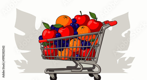 Full shopping cart overflowing with fresh, colorful fruits and vegetables, symbolizing healthy eating and abundance.