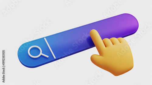 A hand interacting with a search bar on a digital interface with a magnifying glass icon