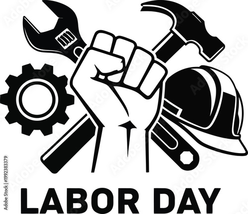 Strength of labor concept with tools, gear and hard work symbol