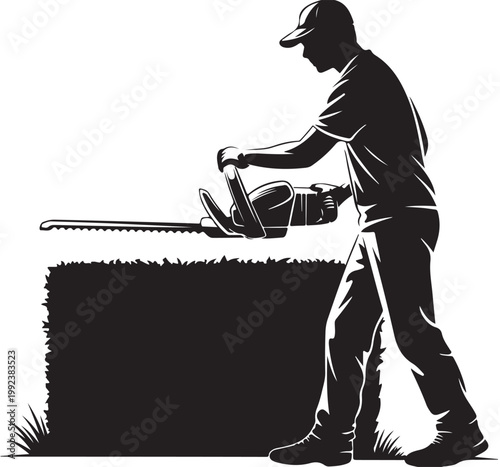 Hedge Trimmer Silhouette Man Gardening Yard Work Vector Isolated on White