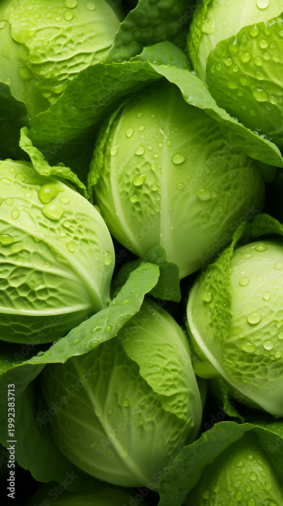 Fototapeta premium Vertical close up of fresh green cabbages with water drops. Pile of wet organic raw vegetables. Healthy vegetarian food and agriculture harvest