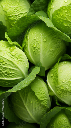Vertical close up of fresh green cabbages with water drops. Pile of wet organic raw vegetables. Healthy vegetarian food and agriculture harvest