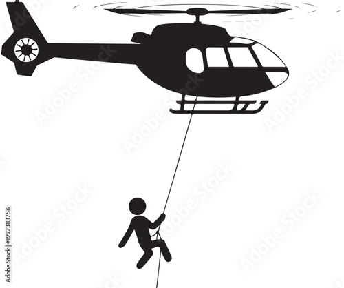 Helicopter Rescue Rappelling Silhouette Emergency Response Rope Descent Vector