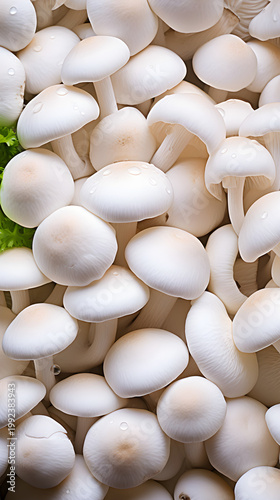 Vertical close up of fresh white mushrooms with water drops. Macro photography of raw edible fungi cluster
