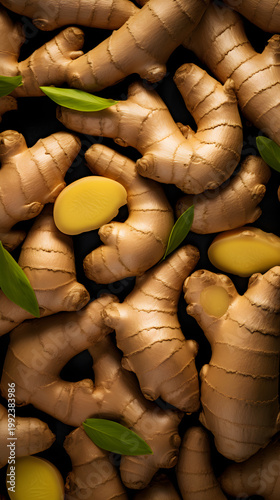 Vertical flat lay of fresh ginger roots with green leaves on dark background. Close up of raw sliced ginger spice