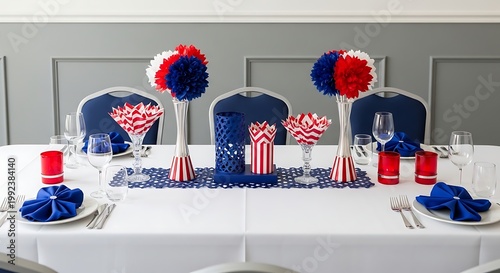 4th of July Patriotic Decoration Setup with Balloons and Gifts