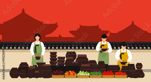 Traditional Korean market illustration with vendors selling fresh vegetables, fruits, and earthenware pots. Historic Asian palace background, cultural scene.