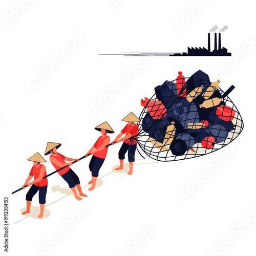 Workers in conical hats pulling a net overflowing with plastic bottles and garbage, illustrating the collective human struggle against industrial pollution and environmental waste cleanup.