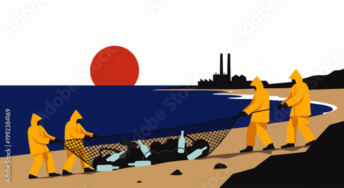 Ocean cleanup: Workers in yellow suits remove plastic waste from a polluted beach and sea. Industrial smokestacks, red sun highlight environmental crisis.