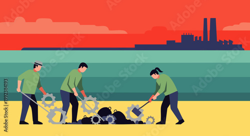 Teamwork concept of people cleaning up industrial waste, working together to solve environmental problems under a polluted sky with factory smokestacks.
