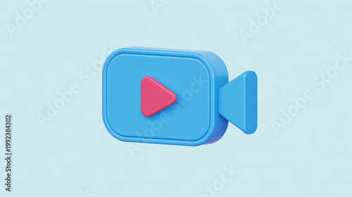 A 3D illustration of a blue video camera icon with a red play button on a light blue background