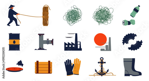 Set of Industrial Icons: Factory, Oil Barrel, Tools, Safety Gear, Anchor, and More
