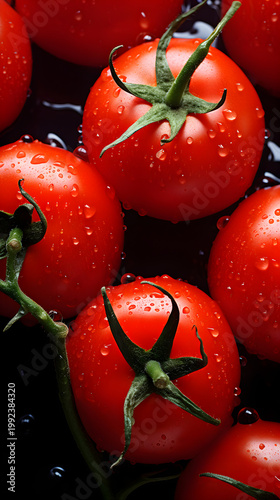 Vertical close-up of fresh red tomatoes on the vine with water droplets. Wet ripe vegetables on a dark background. Organic farming and healthy eating concept