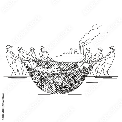 Industrial pollution harms marine life as factory emissions pollute the ocean, endangering fish caught in nets.