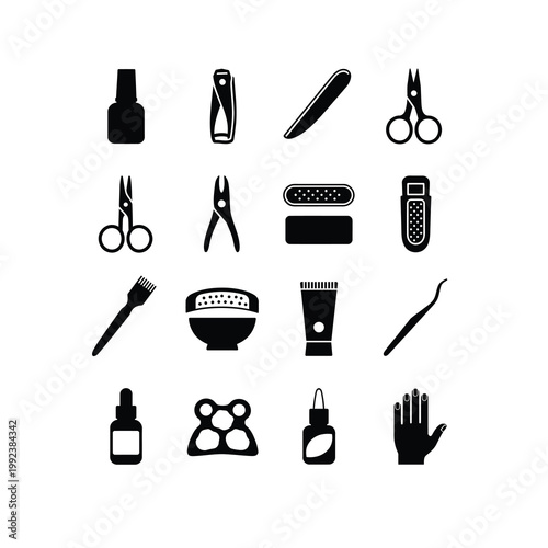 Vector of nail care tools including clippers files and buffers