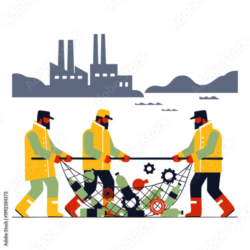 Industrial pollution concept: fishermen pulling a net full of plastic bottles and gears from a polluted body of water near factories