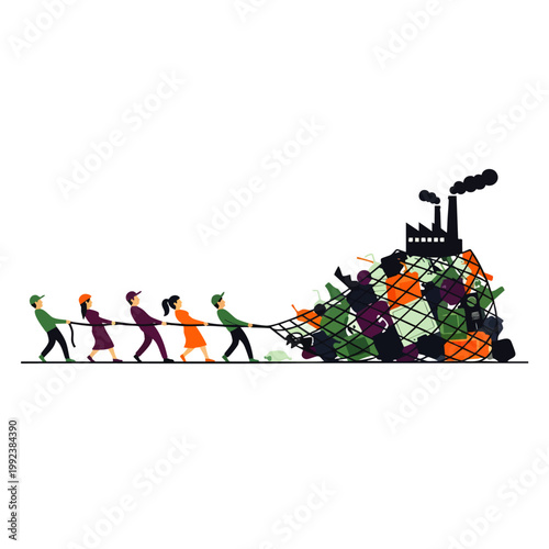People pulling a net full of garbage and pollution from a factory, representing environmental cleanup and social responsibility