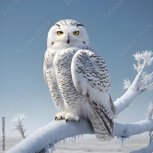 Snowy Owl Perched on Frosted Branch