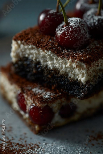 Layered dessert cake with cherries and cocoa powder