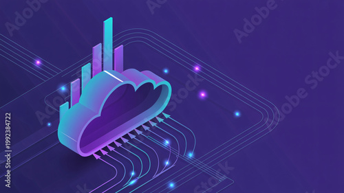 A futuristic cloud computing graphic with purple and blue hues and neon lights on a dark background