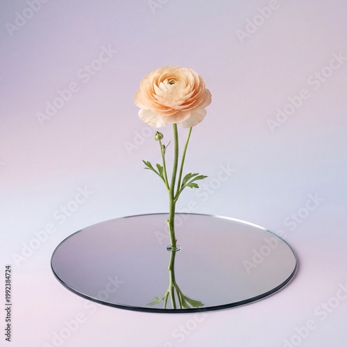 Peach ranunculus flower on round mirror with pastel background