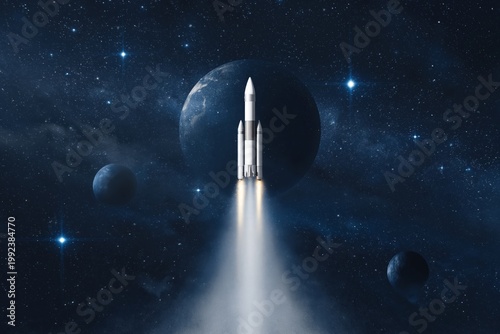 Rocket Launches Into Space From the Earth in a Dark Sky With Distant Planets and Stars Visible