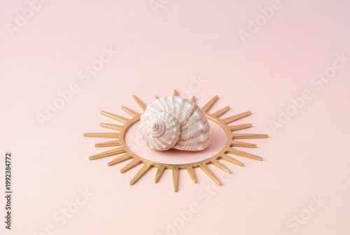 Seashell on golden sun mirror over pastel pink background