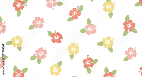 Seamless Pattern of Delicate Hibiscus Flowers in Various Pastel Shades on a White Background, Perfect for Tropical and Summer Designs