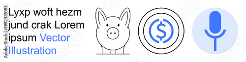 Financial management, savings, currency exchange, voice command, digital economy, fintech solutions. Icons feature piggy bank, currency symbol and microphone. Savings and currency exchange concepts