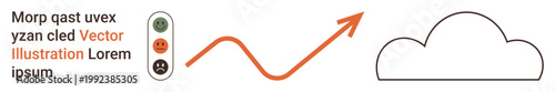 Business growth, weather predictions, user feedback, behavior analysis, emotional trends, digital communication. happy face traffic light, upward arrow cloud outline. Growth and emotion trends