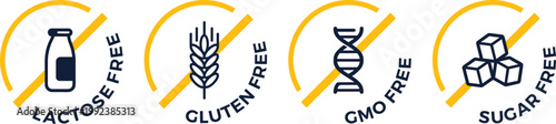 Lactose Free Gluten Free GMO Free Sugar Free Label Icon Set Vector