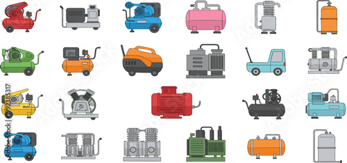 Industrial air compressor machines vector set with different types, portable and stationary equipment collection for factory and workshop use, detailed illustration bundle
