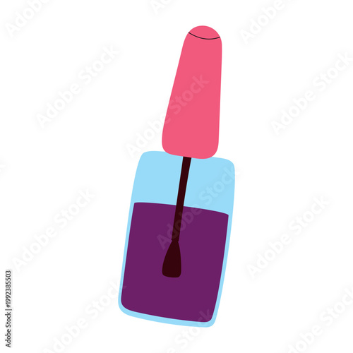 A minimalist vector illustration of a nail polish bottle. The clear bottle is filled with dark purple liquid, topped with a pink cap and a tassel. The image features a modern style with soft lines.