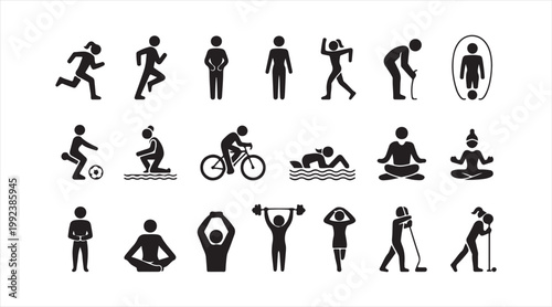 Black human activity icon collection with sports fitness and lifestyle symbols