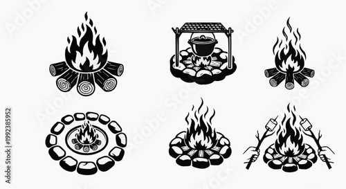 Black and White Campfire and Bonfire Illustration Icons Set