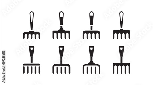 Landscaping and gardening symbols set showing rake tool variations