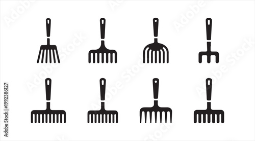Black garden rake icon collection with yard tool symbols in minimal flat style