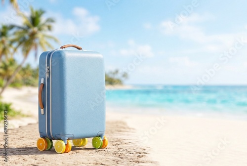 Blue suitcase on tropical beach with citrus wheels