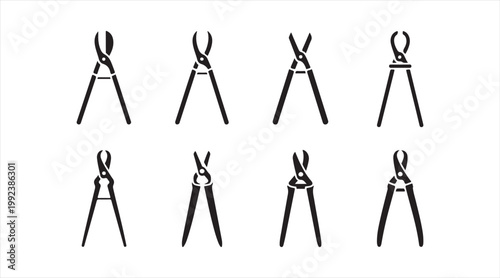 Black cutting pliers icon collection with wire cutter tool variations in flat style