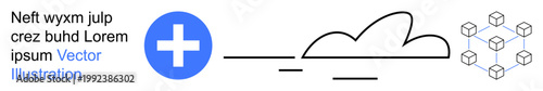 Cloud technology, decentralized blockchain, data storage, tech infrastructure, digital transformation, innovation. Blue cross icon, cloud blockchain cubes. Cloud technology and blockchain solutions
