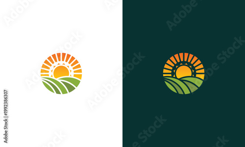 Sunrise over the green fields a logo design for agriculture.