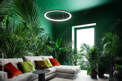 Modern Living Room With Plants and Bright Window View in Green Tones