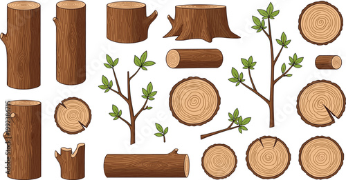 Wood logs and tree branches vector set with trunks, stumps and cut sections, natural timber elements collection for forestry and design illustration bundle