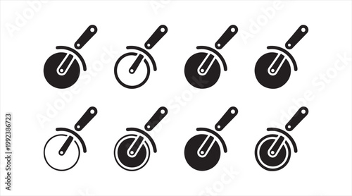 Black pizza cutter icon collection with rolling blade kitchen tools in flat style