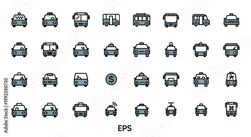 Collection of various transportation vehicle icons in a grid.