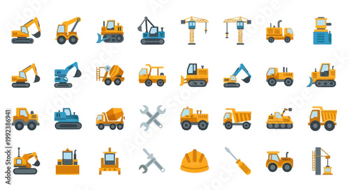 Collection of Construction Vehicles and Tools Icons Set.