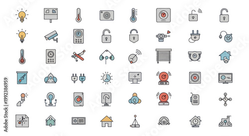 Collection of hand-drawn smart home icons representing technology and automation.