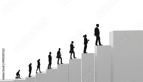 Business people climb a set of rising stairs in a conceptual silhouette illustration for career growth.