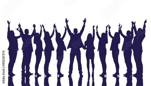 Business professionals raise their arms in a triumphant silhouette group celebration on a white background.