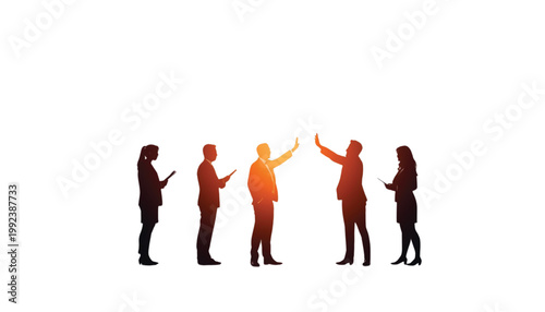 Businesspeople stand in a row while participating in a professional team meeting with warm lighting.